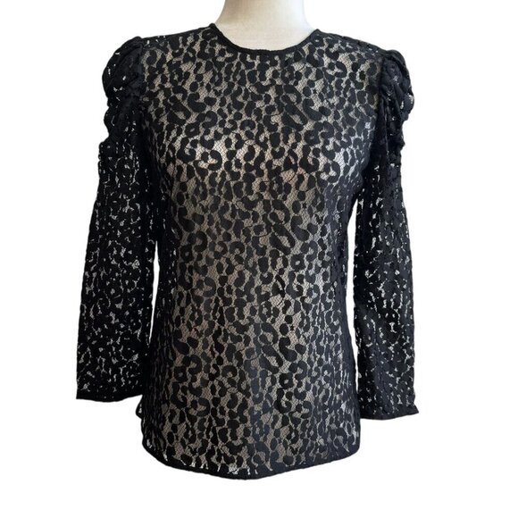 NEW Current/Elliott The Rin Top Black Leopard Lace Sheer LS Womens Sz 1 NWT $248 - Picture 1 of 15